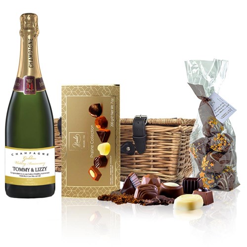 Personalised Champagne - Golden Anniversary Label And Chocolates Hamper